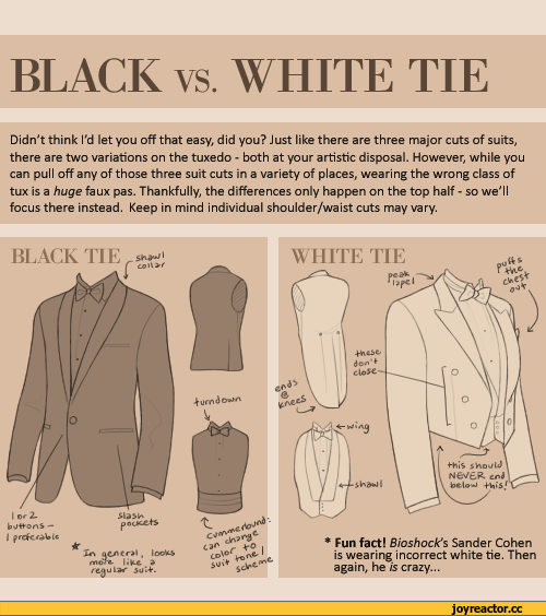 ﻿BLACK vs. WHITE TIE
Didn't think I'd let you off that easy, did you? Just like there are three major cuts of suits, there are two variations on the tuxedo - both at your artistic disposal. However, while you can pull off any of those three suit cuts in a variety of places, wearing the wrong class