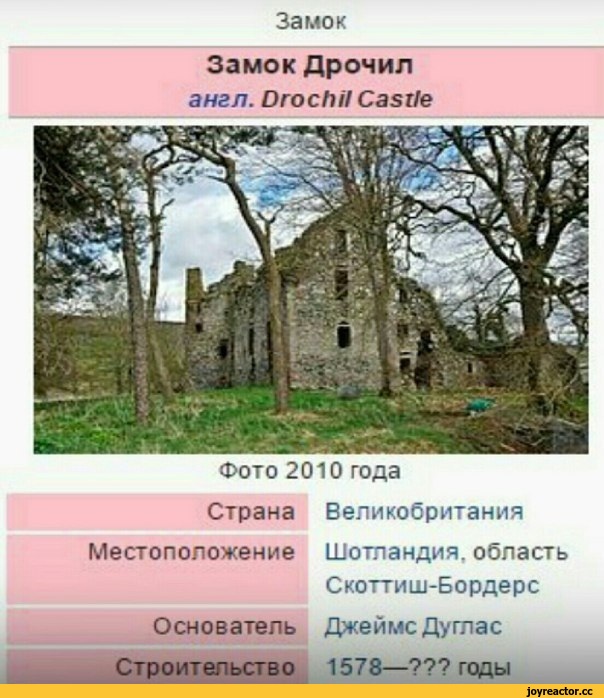 ﻿Замок Замок Дрочил англ. Drochil Castle Фото 2010 года Страна Великобритания Местоположение Шотландия, область Скоттиш-Бордерс Основатель Джеймс Дуглас Строительство 1578—??? годы