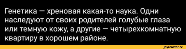 ﻿Генетика — хреновая какая-то наука. Одни наследуют от своих родителей голубые глаза или темную кожу, а другие - четырехкомнатную квартиру в хорошем районе.,генетика,Белые буквы на черном фоне