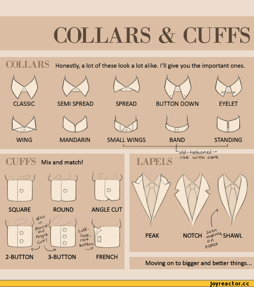 ﻿COLLARS & CUFFS
COLLARS
Honestly, a lot of these look a lot alike. I'll give you the important ones.
CLASSIC	SEMI SPREAD	SPREAD BUTTON DOWN EYELET
WING	MANDARIN SMALL WINGS	BAND	STANDING
_i
CUFFS Mix and match!	LAPELS ^
2-BUTTON 3-BUTTON FRENCH
Moving on to bigger and better things...